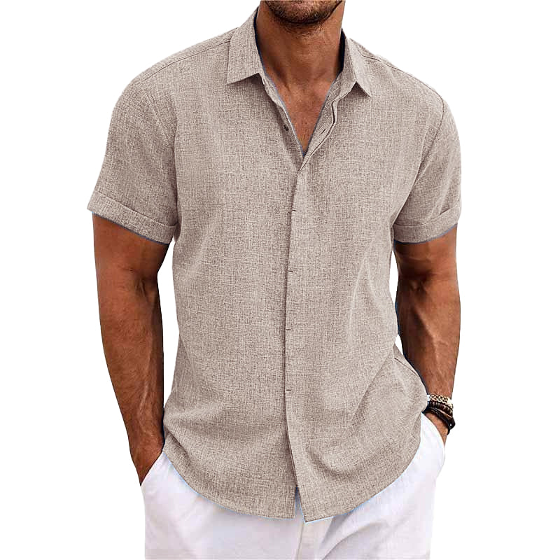 Rivage Élégant™ | Chemise pour homme manches courtes à col châle en coton et lin.