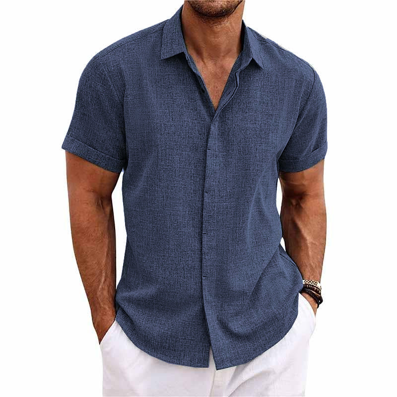 Rivage Élégant™ | Chemise pour homme manches courtes à col châle en coton et lin.